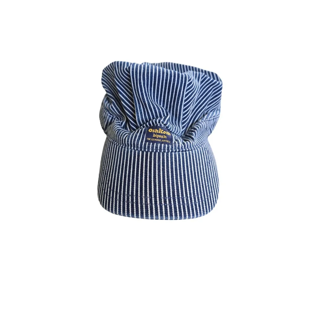 OshKosh Bgosh Kids Hickory Stripe Engineer Hat 90s Blue White Conductor Cap 4-7